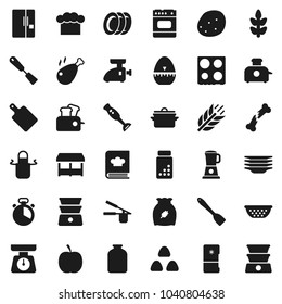 Flat vector icon set - plates vector, pan, colander, scales, cook hat, apron, timer, press, spatula, cutting board, oven, double boiler, cookbook, blender, jar, cereal, potato, chicken leg, diet