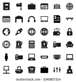 Flat vector icon set - plates vector, kettle, mixer, copybook, case, calculator, notebook pc, world, annual report, man, skateboard, target, calendar, earth, settings, internet, headphones, hdmi