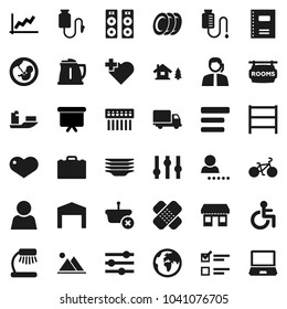 Flat vector icon set - plates vector, kettle, copybook, case, table lamp, exam, graph, presentation board, bike, heart cross, earth, office, support, ship, delivery, shelving, settings, disabled
