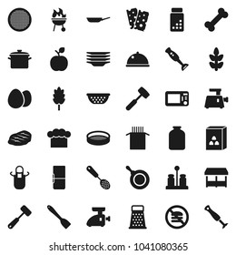 Flat vector icon set - plates vector, pan, colander, cook hat, apron, skimmer, spatula, meat hammer, grater, spices, blender, bbq, sieve, dish, jar, cereal, egg, pasta, steak, apple fruit, cereals