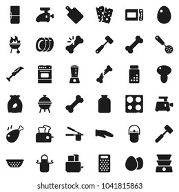 Flat vector icon set - plates vector, camping cauldron, colander, apron, cook glove, press, skimmer, meat hammer, cutting board, grater, toaster, oven, bbq, jar, cereal, egg, mushroom, chicken leg