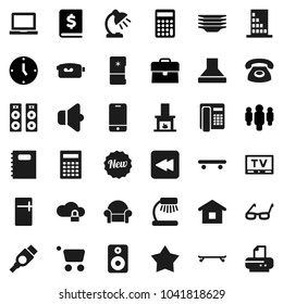 Flat vector icon set - plates vector, copybook, glasses, table lamp, calculator, notebook pc, case, annual report, clock, man, skateboard, speaker, tv, video camera, mobile phone, backward button