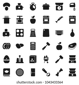 Flat vector icon set - plates vector, pan, oil, cook timer, press, ladle, meat hammer, cutting board, grater, mixer, toaster, oven, double boiler, cookbook, spices, bbq, sieve, cereal, pasta, potato