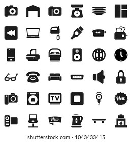 Flat vector icon set - plates vector, kettle, scales, mixer, glasses, clock, skateboard, camera, speaker, tv, video, mobile phone, stop button, backward, hdmi, notebook network, globe, barn, new, pc