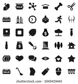 Flat vector icon set - plates vector, ladle, leaf, money bag, man, tie, buttocks, molecule, bone, run, clock, dry cargo, package, dialog, heart, stop button, eye, scissors, cloud network, house, usb