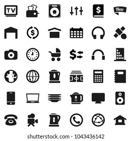 Flat vector icon set - plates vector, kettle, copybook, calculator, world, exchange, annual report, clock, calendar, stadium, satellite, dry cargo, camera, settings, tv, video, internet, headphones