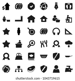 Flat vector icon set - plates vector, pan, kettle, colander, cookbook, steak, pen, corner ruler, student, medal, dollar growth, man, scales, port, protected, headphones, chromosomes, connection
