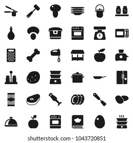 Flat vector icon set - plates vector, pan, camping cauldron, oil, scales, cook press, spatula, meat hammer, grater, mixer, double boiler, cookbook, spices, blender, dish, egg, pasta, mushroom, steak