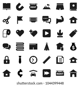 Flat vector icon set - plates vector, toilet paper, towel, book, ruler, magnet, scissors, flag, money bag, tie, cent sign, muscule hand, shorts, heart cross, clock, document, flammable, dialog, lock