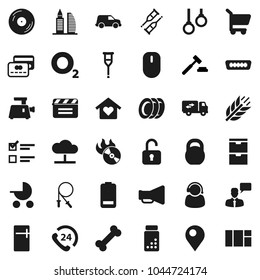 Flat vector icon set - plates vector, exam, auction, pills vial, weight, jump rope, cereals, bone, gymnast rings, oxygen, phone 24, car, cinema clap, disk, music hit, loudspeaker, speaking man, hdmi