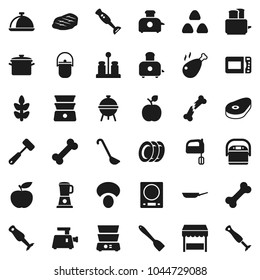 Flat vector icon set - plates vector, pan, camping cauldron, spatula, ladle, meat hammer, mixer, toaster, double boiler, spices, blender, bbq, dish, cereal, mushroom, steak, chicken leg, apple fruit