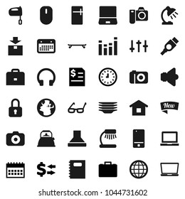 Flat vector icon set - plates vector, kettle, mixer, copybook, glasses, case, table lamp, notebook pc, exchange, annual report, clock, calendar, skateboard, earth, package, camera, speaker, settings