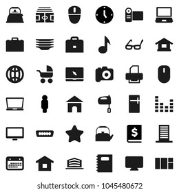 Flat vector icon set - plates vector, kettle, mixer, copybook, glasses, case, music, annual report, clock, man, stadium, calendar, camera, equalizer, monitor, notebook pc, hdmi, globe, star, home
