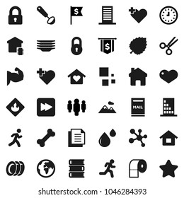 Flat vector icon set - plates vector, toilet paper, ladle, book, leaf, clock, man, dollar flag, muscule hand, molecule, heart cross, bone, run, earth, document, flammable, forward button, scissors