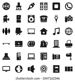 Flat vector icon set - plates vector, kettle, scales, mixer, copybook, notebook pc, music, world, man, skateboard, target, speaker, video camera, internet, monitor, stop button, hdmi, globe, phone