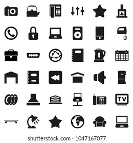 Flat vector icon set - plates vector, kettle, mixer, copybook, table lamp, notebook pc, case, skateboard, calendar, earth, dry cargo, speaker, settings, tv, internet, mobile phone, backward button