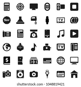 Flat vector icon set - plates vector, scales, mixer, calculator, music, annual report, man, stadium, target, earth, calendar, package, camera, tv, video, mobile phone, play button, stop, globe, new