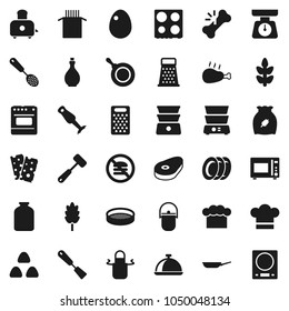 Flat vector icon set - plates vector, camping cauldron, pan, oil, scales, cook hat, apron, skimmer, spatula, meat hammer, grater, toaster, microwave oven, double boiler, blender, sieve, dish, jar