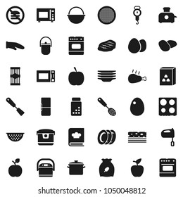 Flat vector icon set - plates vector, pan, camping cauldron, colander, scales, cook glove, skimmer, spatula, mixer, microwave oven, cookbook, sieve, cereal, egg, pasta, potato, steak, chicken leg