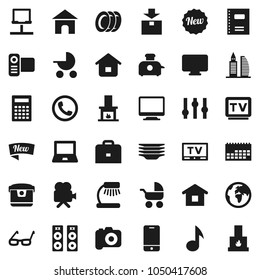 Flat vector icon set - plates vector, copybook, glasses, case, table lamp, calculator, notebook pc, music, earth, calendar, package, camera, settings, tv, video, mobile phone, network, fireplace