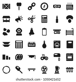Flat vector icon set - plates vector, garbage pile, oil, mushroom, copybook, graduate hat, bell, calculator, compass, skateboard, hoop, wood box, sorting, gamepad, link, battery, tooth implant, crib