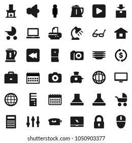 Flat vector icon set - plates vector, kettle, glasses, case, table lamp, calculator, notebook pc, world, exchange, man, calendar, package, camera, speaker, settings, video, monitor, play button