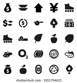 Flat vector icon set - plates vector, apple fruit, leaf, exchange, money bag, arrow up, yen sign, stadium, roller Skates, oxygen, internet, eye doctor hat, pond, tree