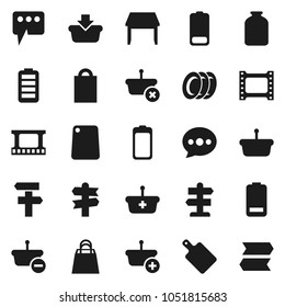 Flat vector icon set - plates vector, cutting board, jar, signpost, film frame, battery, message, table, shopping bag, basket