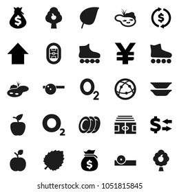 Flat vector icon set - plates vector, apple fruit, leaf, exchange, money bag, arrow up, yen sign, stadium, roller Skates, oxygen, internet, eye doctor hat, pond, tree
