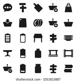 Flat vector icon set - plates vector, cutting board, jar, signpost, film frame, battery, message, table, shopping bag, basket