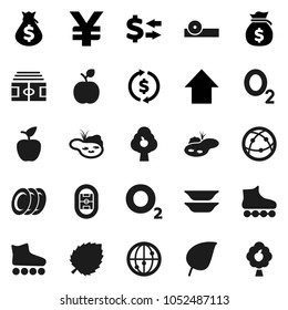 Flat vector icon set - plates vector, apple fruit, leaf, exchange, money bag, arrow up, yen sign, stadium, roller Skates, oxygen, internet, eye doctor hat, pond, tree