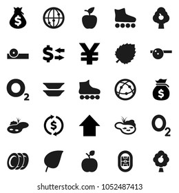 Flat vector icon set - plates vector, apple fruit, leaf, exchange, money bag, arrow up, yen sign, roller Skates, oxygen, stadium, internet, eye doctor hat, pond, tree