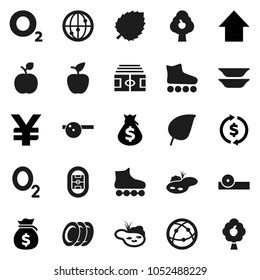 Flat vector icon set - plates vector, apple fruit, leaf, exchange, money bag, arrow up, yen sign, stadium, roller Skates, oxygen, internet, eye doctor hat, pond, tree