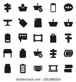 Flat vector icon set - plates vector, cutting board, jar, signpost, film frame, battery, message, table, shopping bag, basket