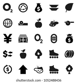 Flat vector icon set - plates vector, apple fruit, leaf, exchange, money bag, arrow up, yen sign, stadium, roller Skates, oxygen, internet, eye doctor hat, pond, tree