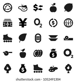 Flat vector icon set - plates vector, apple fruit, leaf, exchange, money bag, yen sign, stadium, roller Skates, oxygen, internet, eye doctor hat, pond, tree