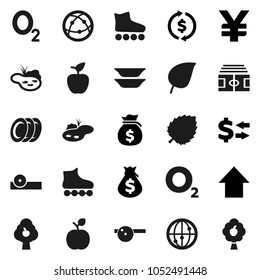 Flat vector icon set - plates vector, apple fruit, leaf, exchange, money bag, arrow up, yen sign, stadium, roller Skates, oxygen, internet, eye doctor hat, pond, tree