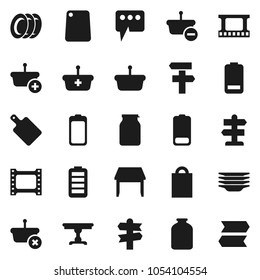 Flat vector icon set - plates vector, cutting board, jar, signpost, film frame, battery, message, table, shopping bag, basket