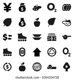 Flat vector icon set - plates vector, apple fruit, leaf, exchange, money bag, arrow up, yen sign, stadium, roller Skates, oxygen, internet, eye doctor hat, pond, tree