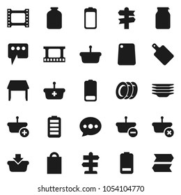 Flat vector icon set - plates vector, cutting board, jar, signpost, film frame, battery, message, table, shopping bag, basket
