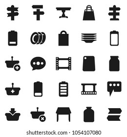 Flat vector icon set - plates vector, cutting board, jar, signpost, film frame, battery, message, table, shopping bag, basket