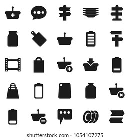 Flat vector icon set - plates vector, cutting board, jar, signpost, film frame, battery, message, shopping bag, basket