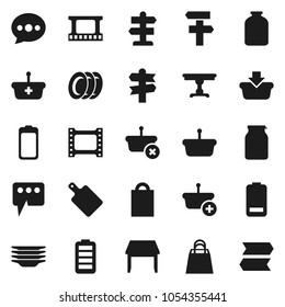 Flat vector icon set - plates vector, cutting board, jar, signpost, film frame, battery, message, table, shopping bag, basket