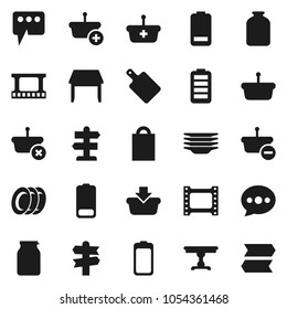 Flat vector icon set - plates vector, cutting board, jar, signpost, film frame, battery, message, table, shopping bag, basket
