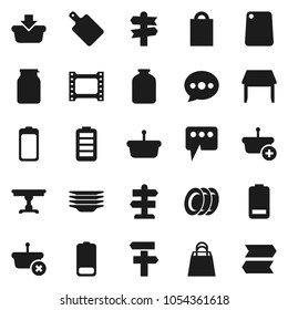 Flat vector icon set - plates vector, cutting board, jar, signpost, film frame, battery, message, table, shopping bag, basket