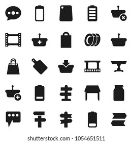 Flat vector icon set - plates vector, cutting board, jar, signpost, film frame, battery, message, table, shopping bag, basket