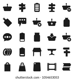 Flat vector icon set - plates vector, cutting board, jar, signpost, film frame, battery, message, table, shopping bag, basket