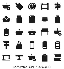 Flat vector icon set - plates vector, cutting board, jar, signpost, film frame, battery, table, shopping bag, basket