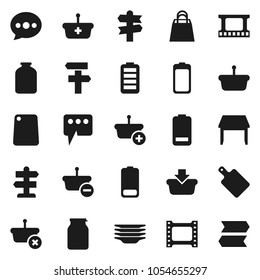 Flat vector icon set - plates vector, cutting board, jar, signpost, film frame, battery, message, table, shopping bag, basket