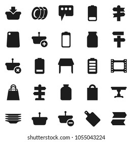 Flat vector icon set - plates vector, cutting board, jar, signpost, film frame, battery, message, table, shopping bag, basket